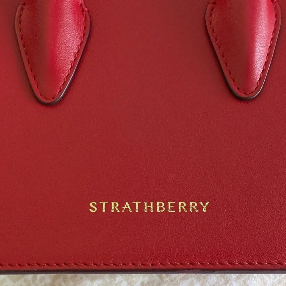 [Strathberry] Authentic Ruby Red Nano Tote Gold Hardware with Leather Strap - Picture 4 of 13